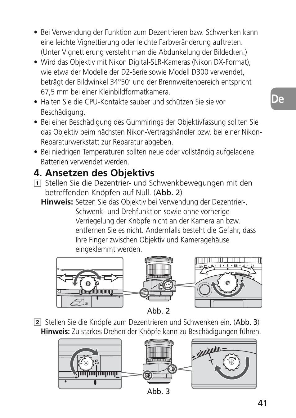 Ansetzen des objektivs | Nikon 45mm-f-28D-ED-PC-E-Nikkor User Manual | Page 41 / 252