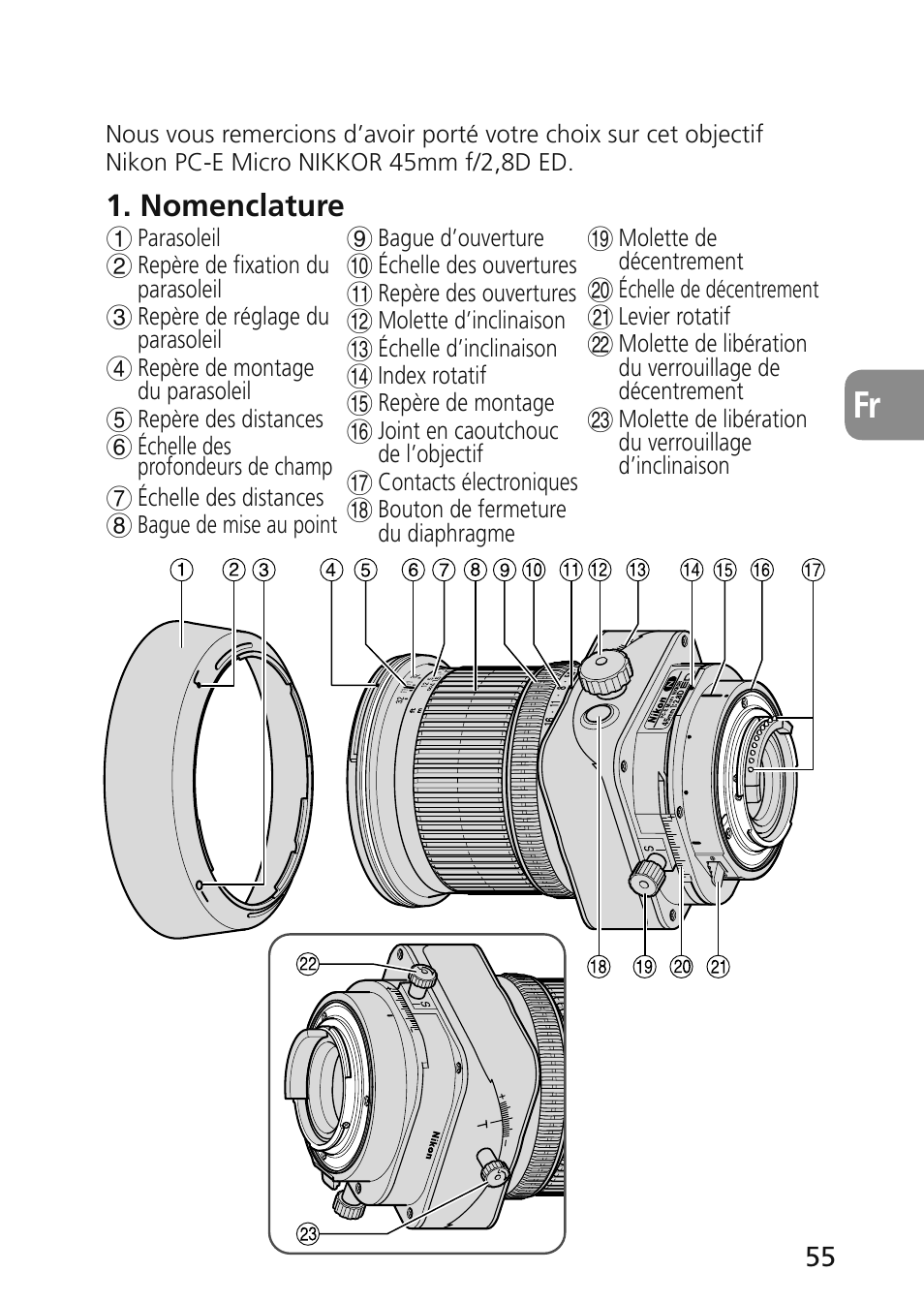 Nomenclature | Nikon 45mm-f-28D-ED-PC-E-Nikkor User Manual | Page 55 / 252