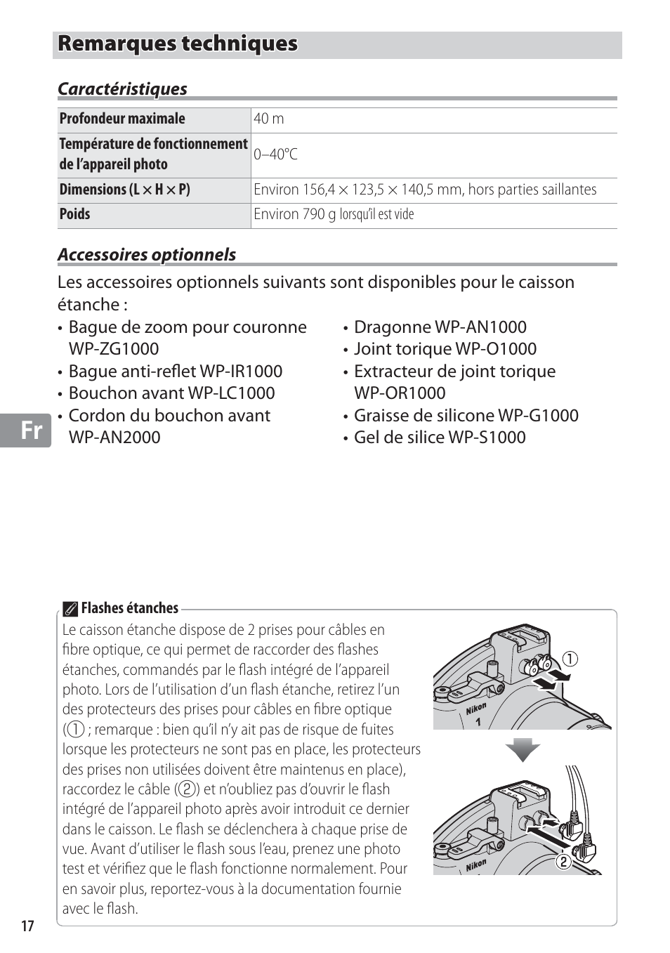 Remarques techniques, Caractéristiques, Accessoires optionnels | Nikon WP-N1 User Manual | Page 100 / 224