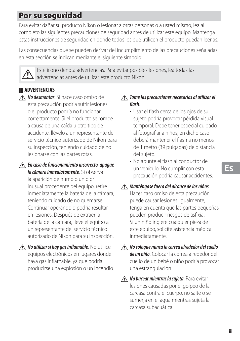Por su seguridad | Nikon WP-N1 User Manual | Page 103 / 224
