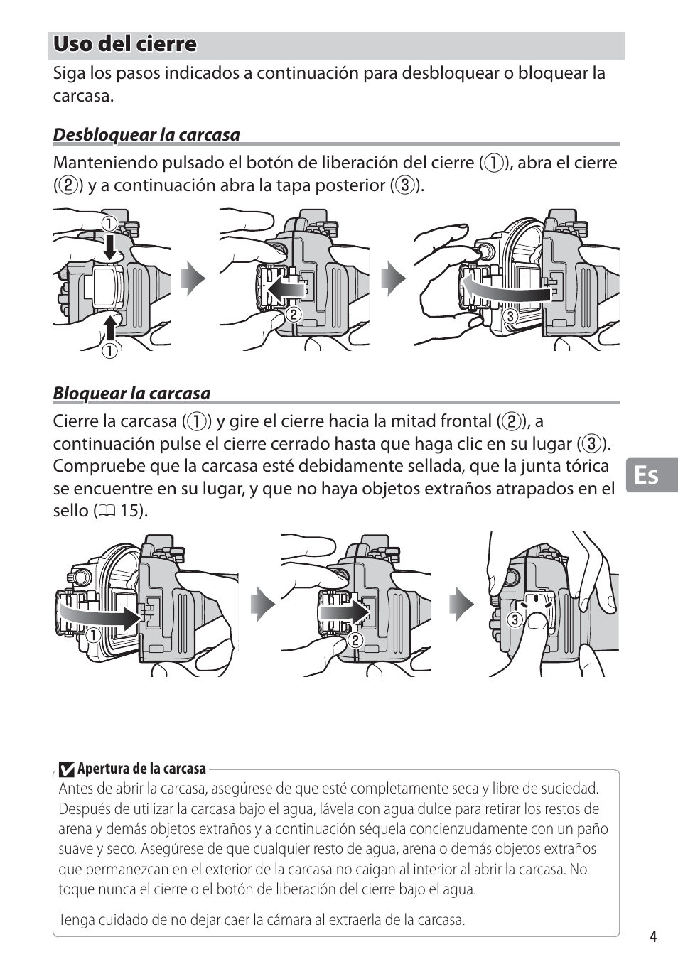 Uso del cierre, Desbloquear la carcasa, Bloquear la carcasa | Nikon WP-N1 User Manual | Page 111 / 224