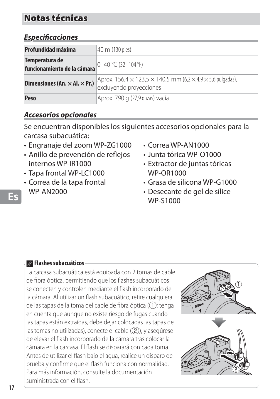 Notas técnicas, Especifi caciones, Accesorios opcionales | Nikon WP-N1 User Manual | Page 124 / 224