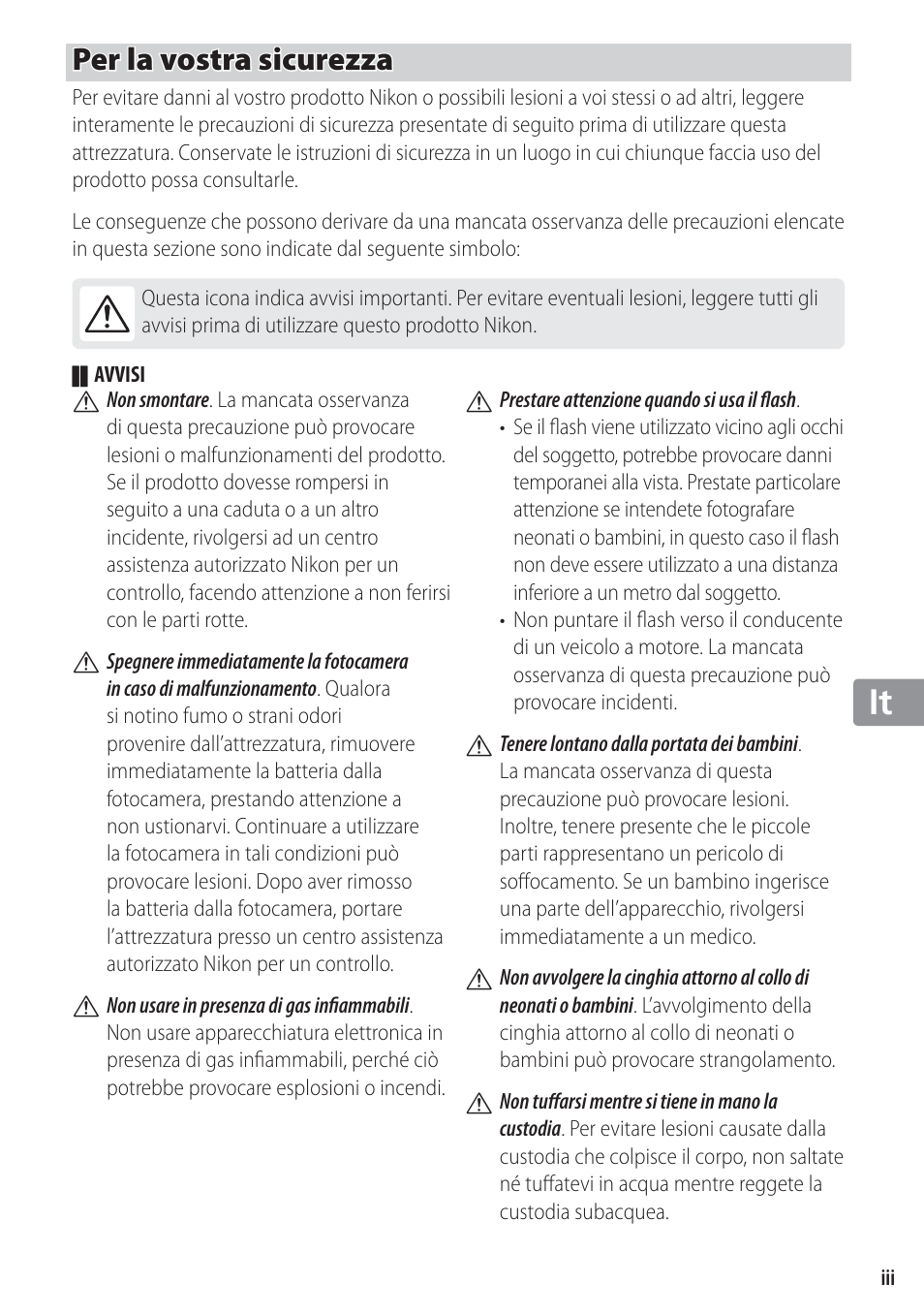 Per la vostra sicurezza | Nikon WP-N1 User Manual | Page 127 / 224