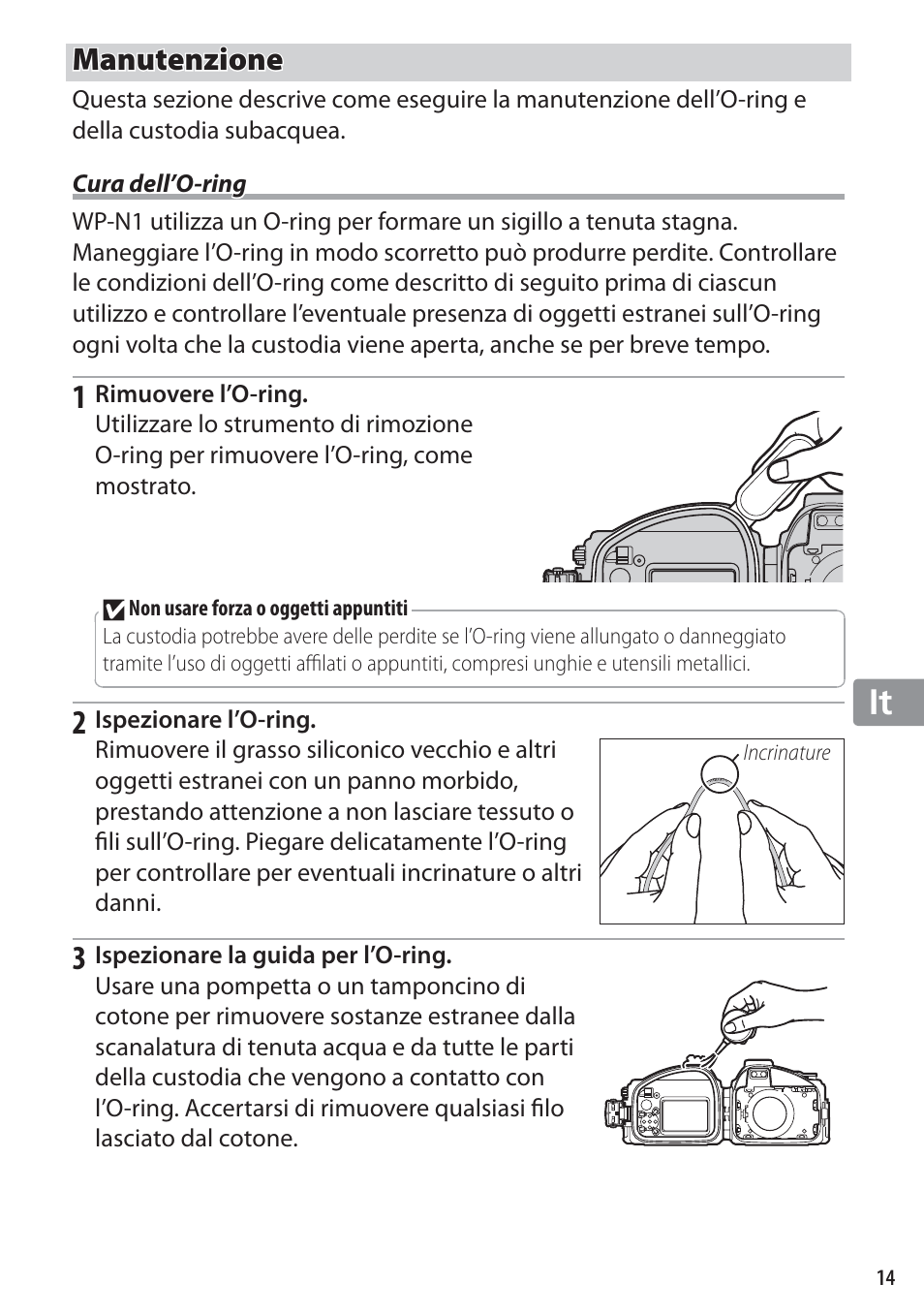 Manutenzione, Cura dell’o-ring | Nikon WP-N1 User Manual | Page 145 / 224