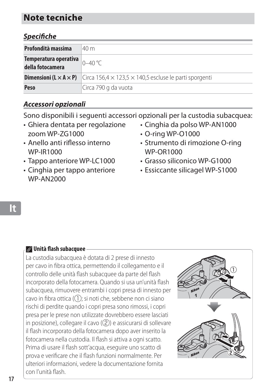 Note tecniche, Specifiche, Accessori opzionali | Nikon WP-N1 User Manual | Page 148 / 224