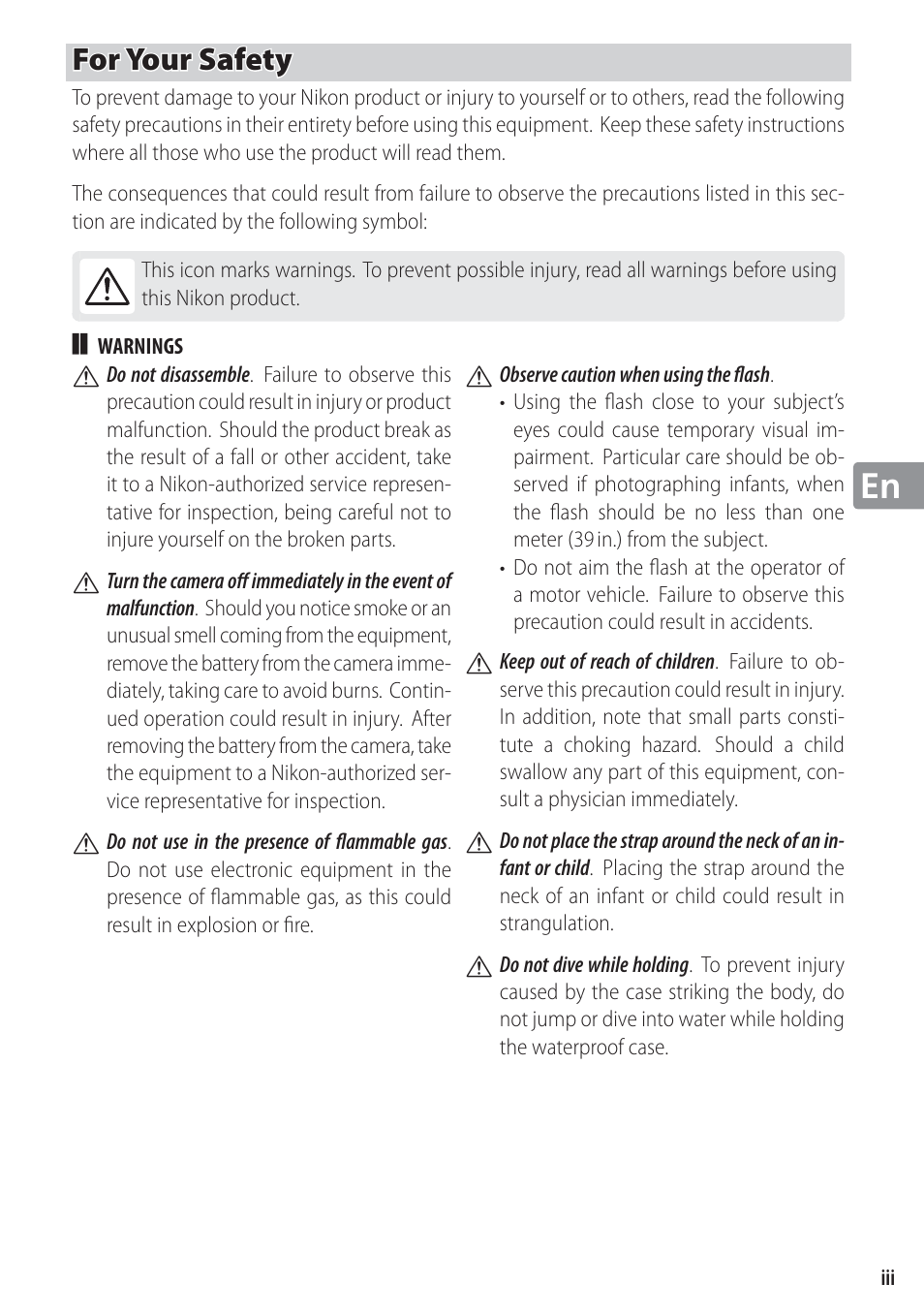 For your safety | Nikon WP-N1 User Manual | Page 31 / 224