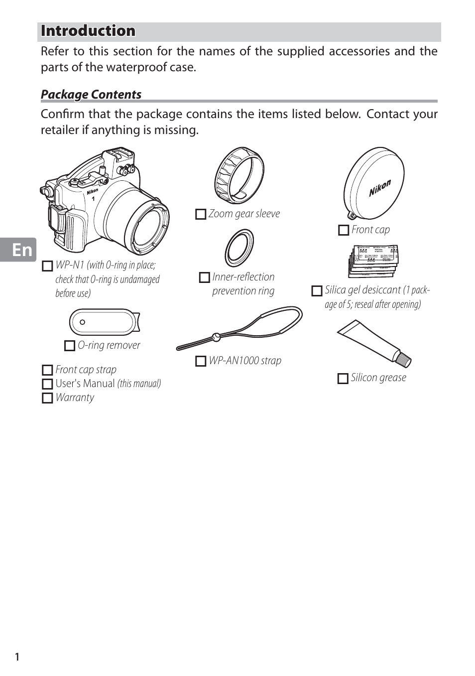 Introduction, Package contents | Nikon WP-N1 User Manual | Page 36 / 224