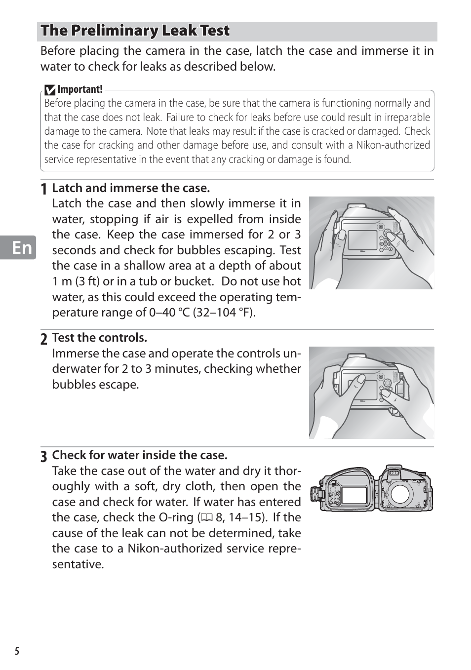 The preliminary leak test | Nikon WP-N1 User Manual | Page 40 / 224