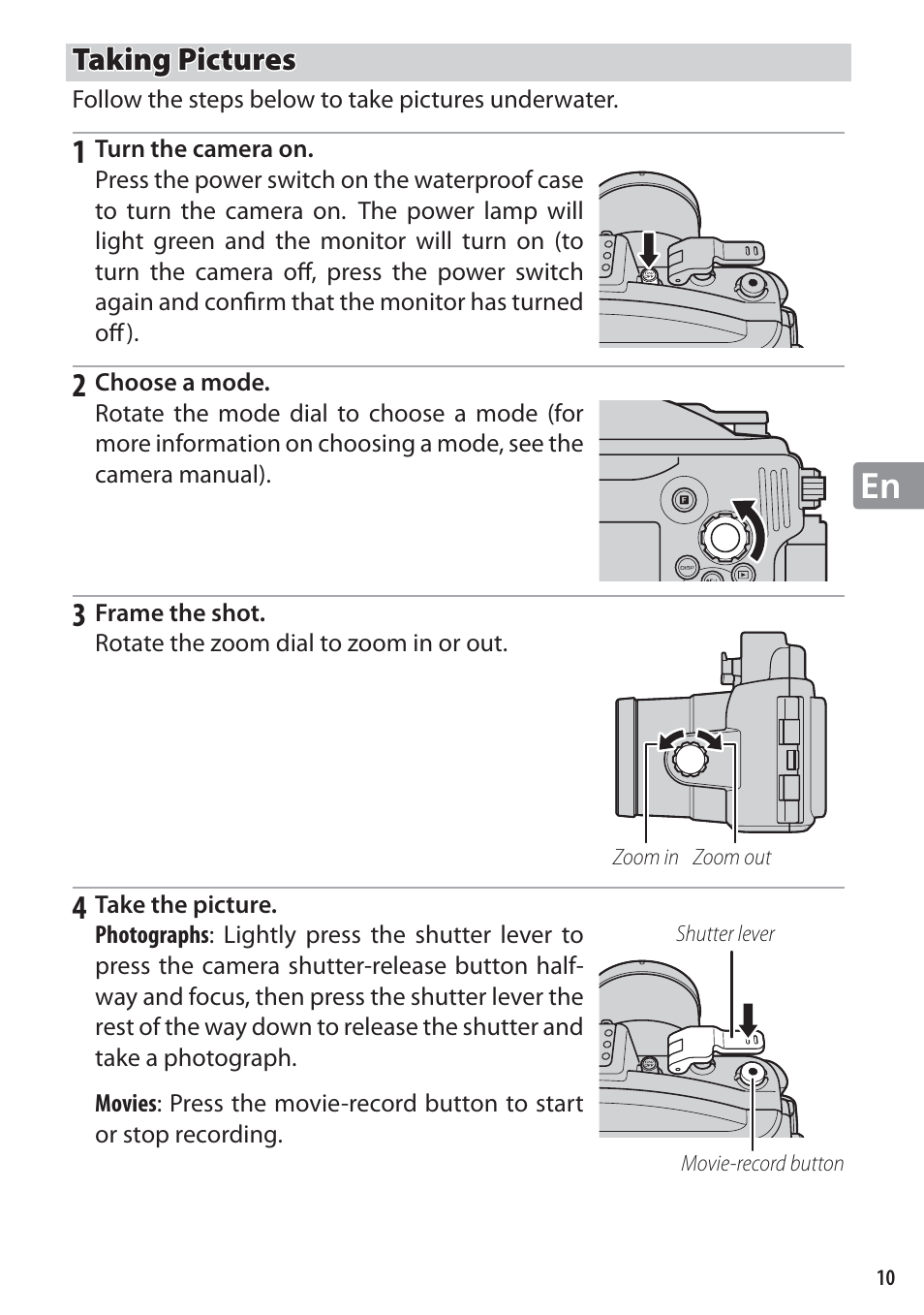 Taking pictures | Nikon WP-N1 User Manual | Page 45 / 224