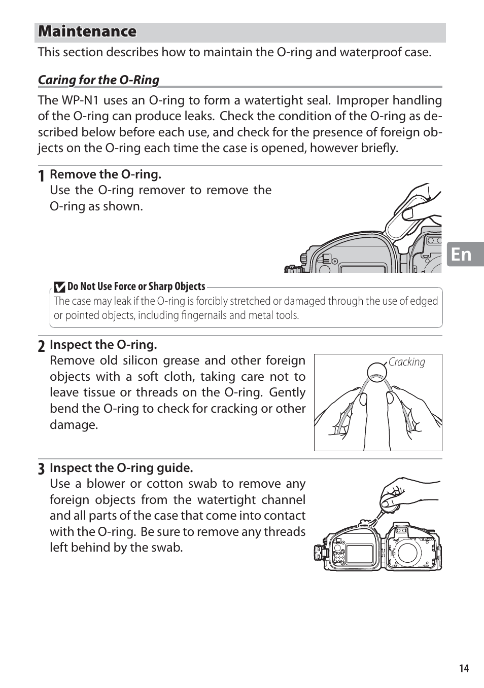 Maintenance, Caring for the o-ring | Nikon WP-N1 User Manual | Page 49 / 224