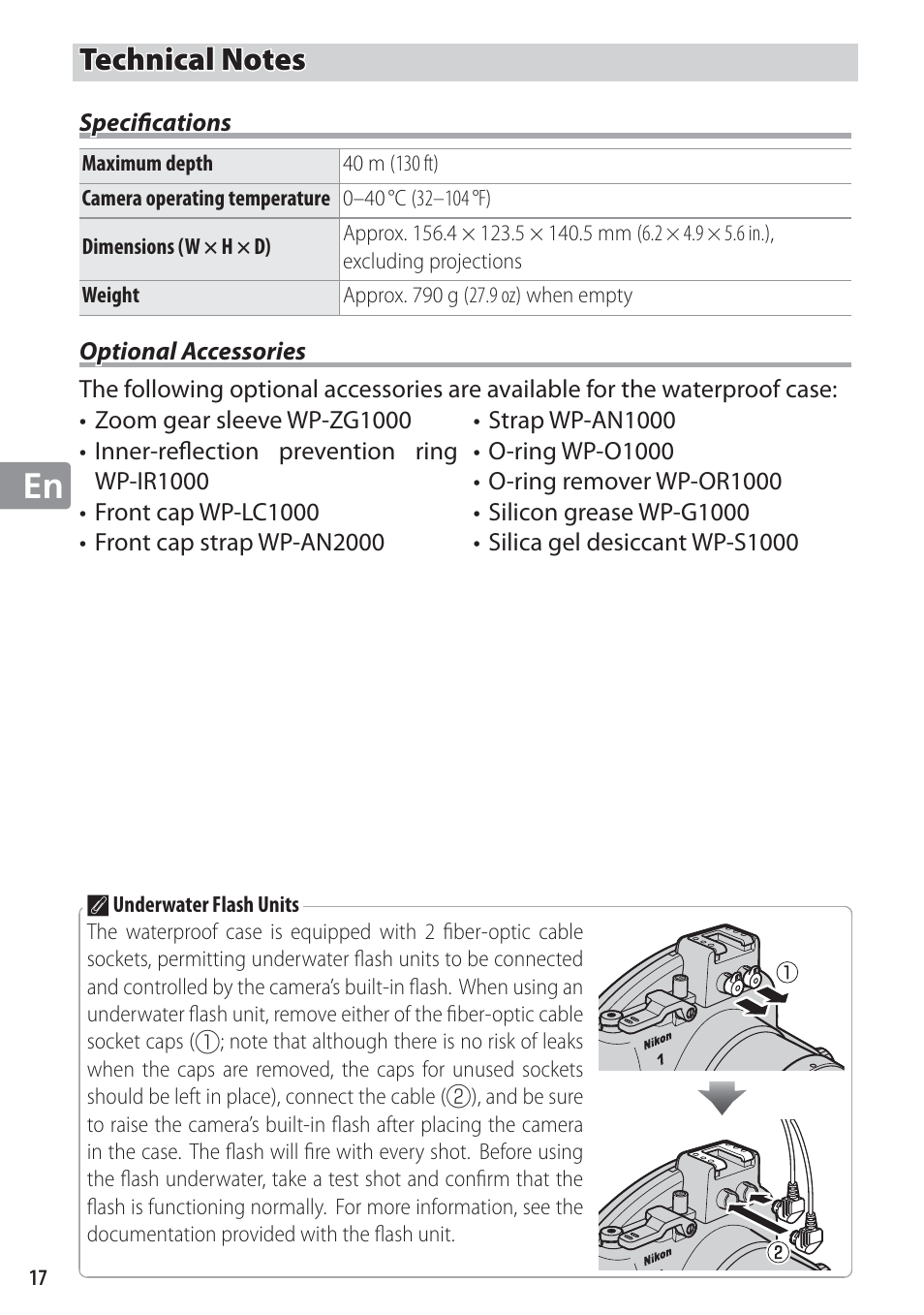 Technical notes, Specifications, Optional accessories | Nikon WP-N1 User Manual | Page 52 / 224