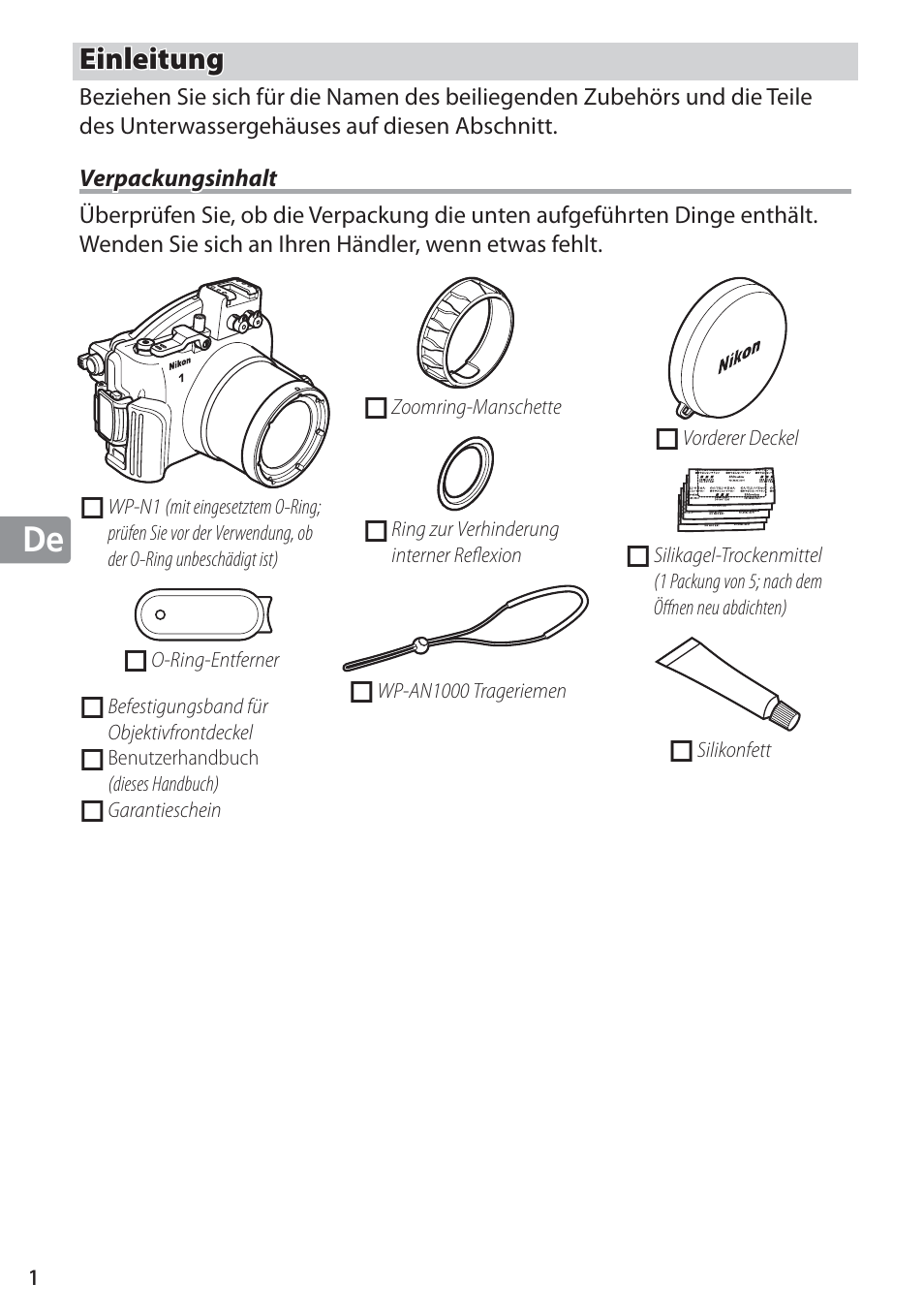 Einleitung, Verpackungsinhalt | Nikon WP-N1 User Manual | Page 60 / 224