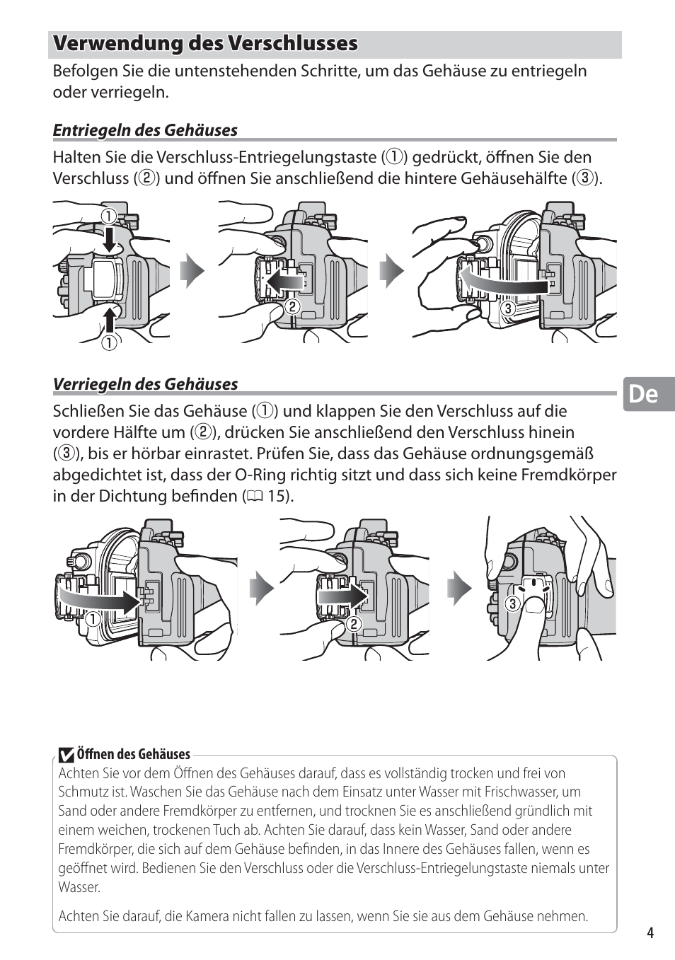 Verwendung des verschlusses, Entriegeln des gehäuses, Verriegeln des gehäuses | Nikon WP-N1 User Manual | Page 63 / 224