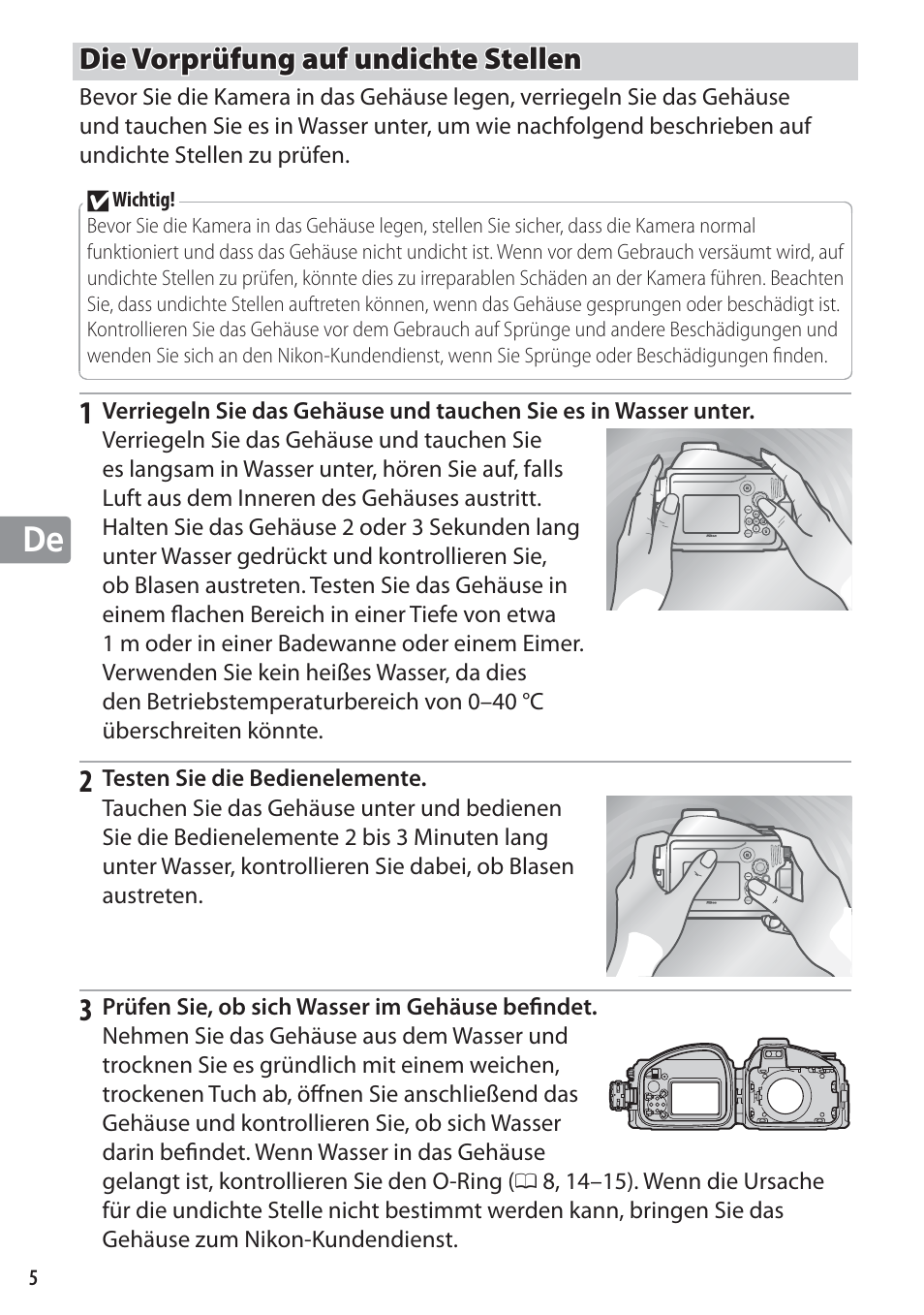 Die vorprüfung auf undichte stellen | Nikon WP-N1 User Manual | Page 64 / 224