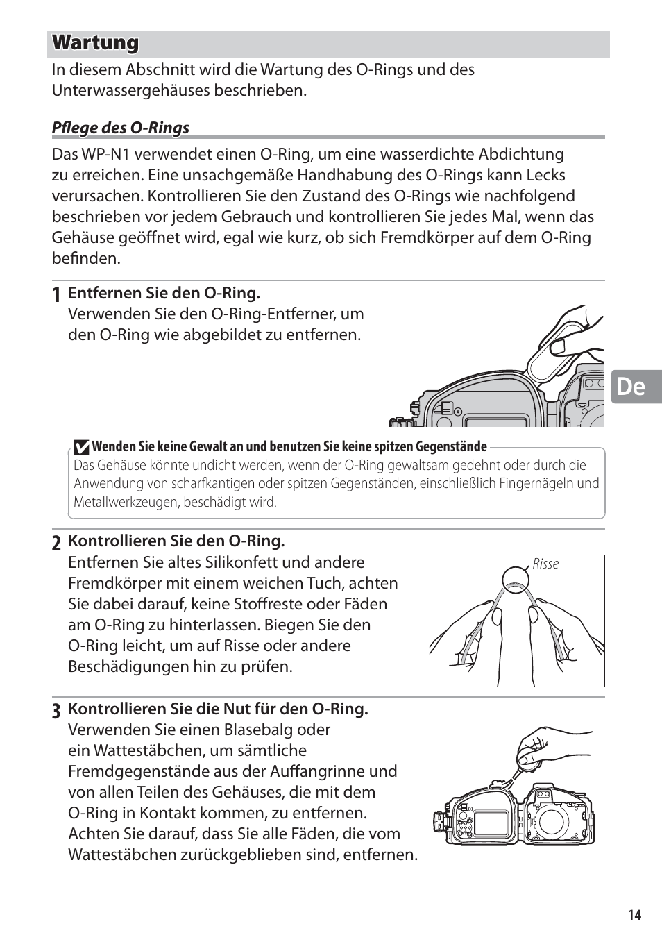 Wartung, Pflege des o-rings | Nikon WP-N1 User Manual | Page 73 / 224