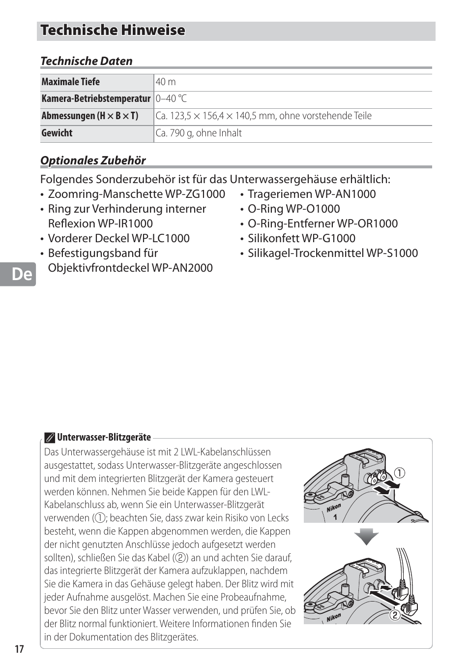 Technische hinweise, Technische daten, Optionales zubehör | Nikon WP-N1 User Manual | Page 76 / 224