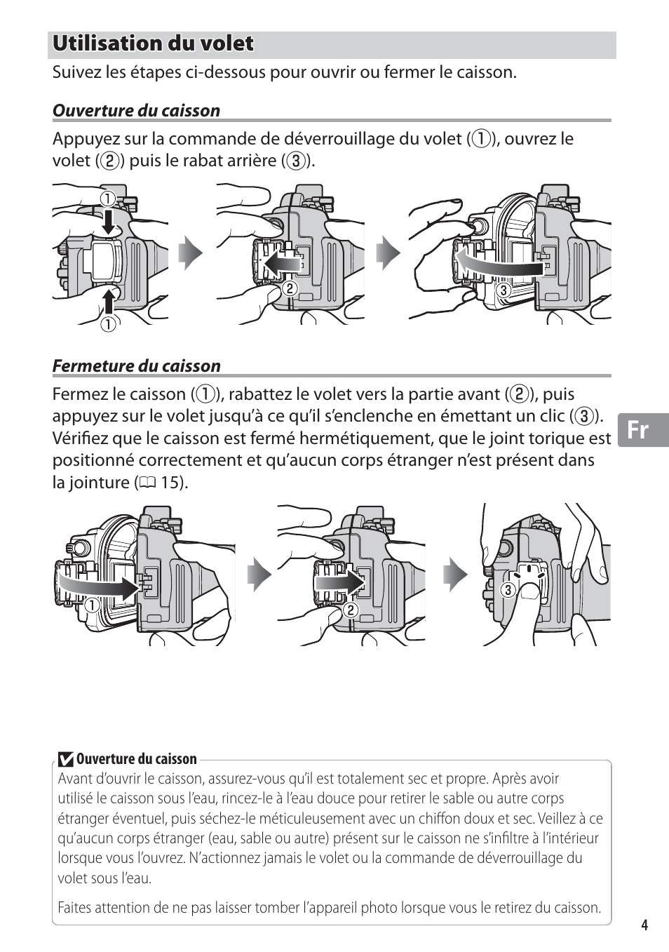 Utilisation du volet, Ouverture du caisson, Fermeture du caisson | Nikon WP-N1 User Manual | Page 87 / 224