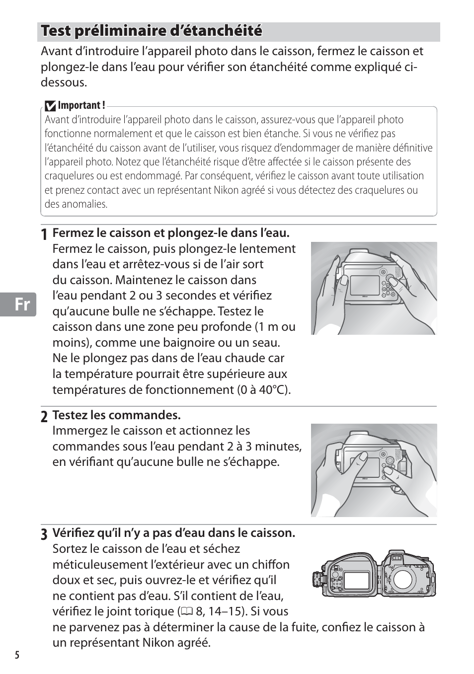 Test préliminaire d’étanchéité | Nikon WP-N1 User Manual | Page 88 / 224