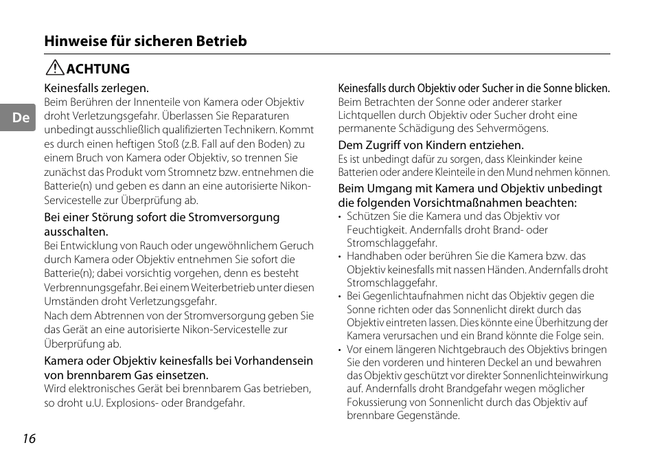 Hinweise für sicheren betrieb, Achtung | Nikon 35mm-f-18G-AF-S-DX-Nikkor User Manual | Page 16 / 80