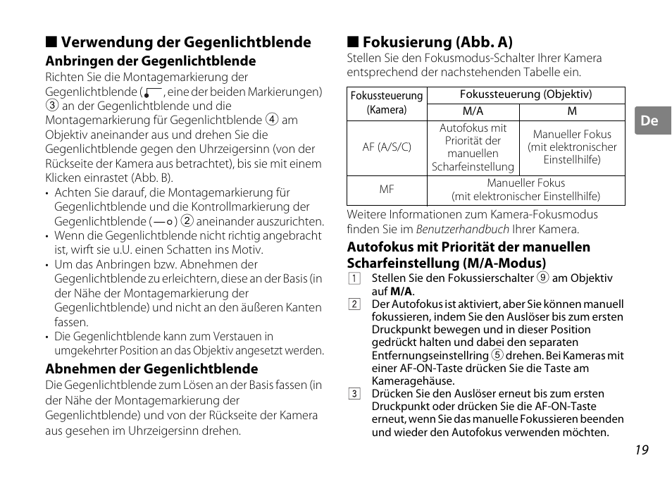 Verwendung der gegenlichtblende, Anbringen der gegenlichtblende, Abnehmen der gegenlichtblende | Fokusierung (abb. a), Genlichtblende (s. 19), S. 19), R (s. 19 | Nikon 35mm-f-18G-AF-S-DX-Nikkor User Manual | Page 19 / 80