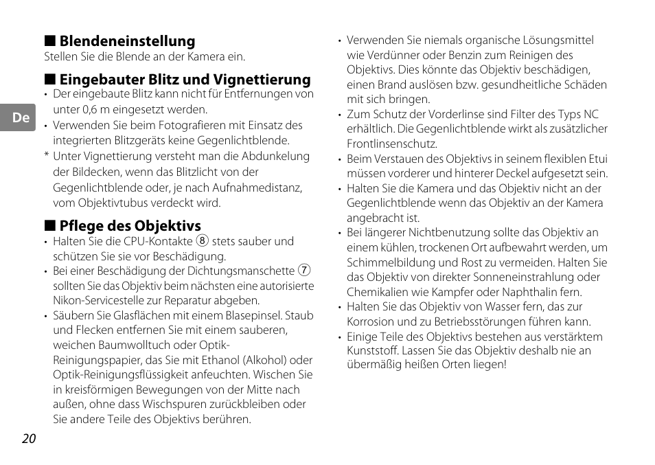 Blendeneinstellung, Eingebauter blitz und vignettierung, Pflege des objektivs | S. 20), Te (s. 20) | Nikon 35mm-f-18G-AF-S-DX-Nikkor User Manual | Page 20 / 80