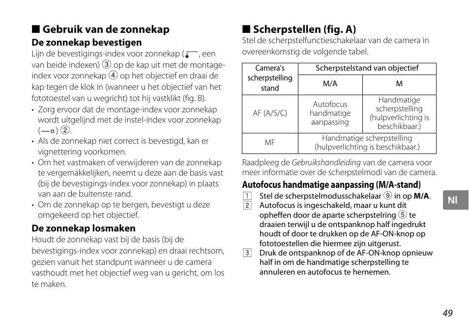 Gebruik van de zonnekap, De zonnekap bevestigen, De zonnekap losmaken | Scherpstellen (fig. a), Autofocus handmatige aanpassing (m/a-stand), Kap (p. 49), P. 49), Ring (p. 49, Ar (p. 49) | Nikon 35mm-f-18G-AF-S-DX-Nikkor User Manual | Page 49 / 80