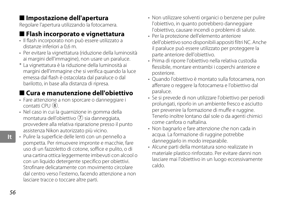 Impostazione dell'apertura, Flash incorporato e vignettatura, Cura e manutenzione dell'obiettivo | Ivo (p. 56, Cpu (p. 56 | Nikon 35mm-f-18G-AF-S-DX-Nikkor User Manual | Page 56 / 80