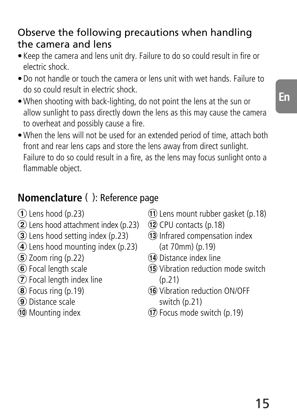 Nomenclature | Nikon 70-300mm-f-45-56G-ED-IF-AF-S-VR-Zoom User Manual | Page 15 / 108