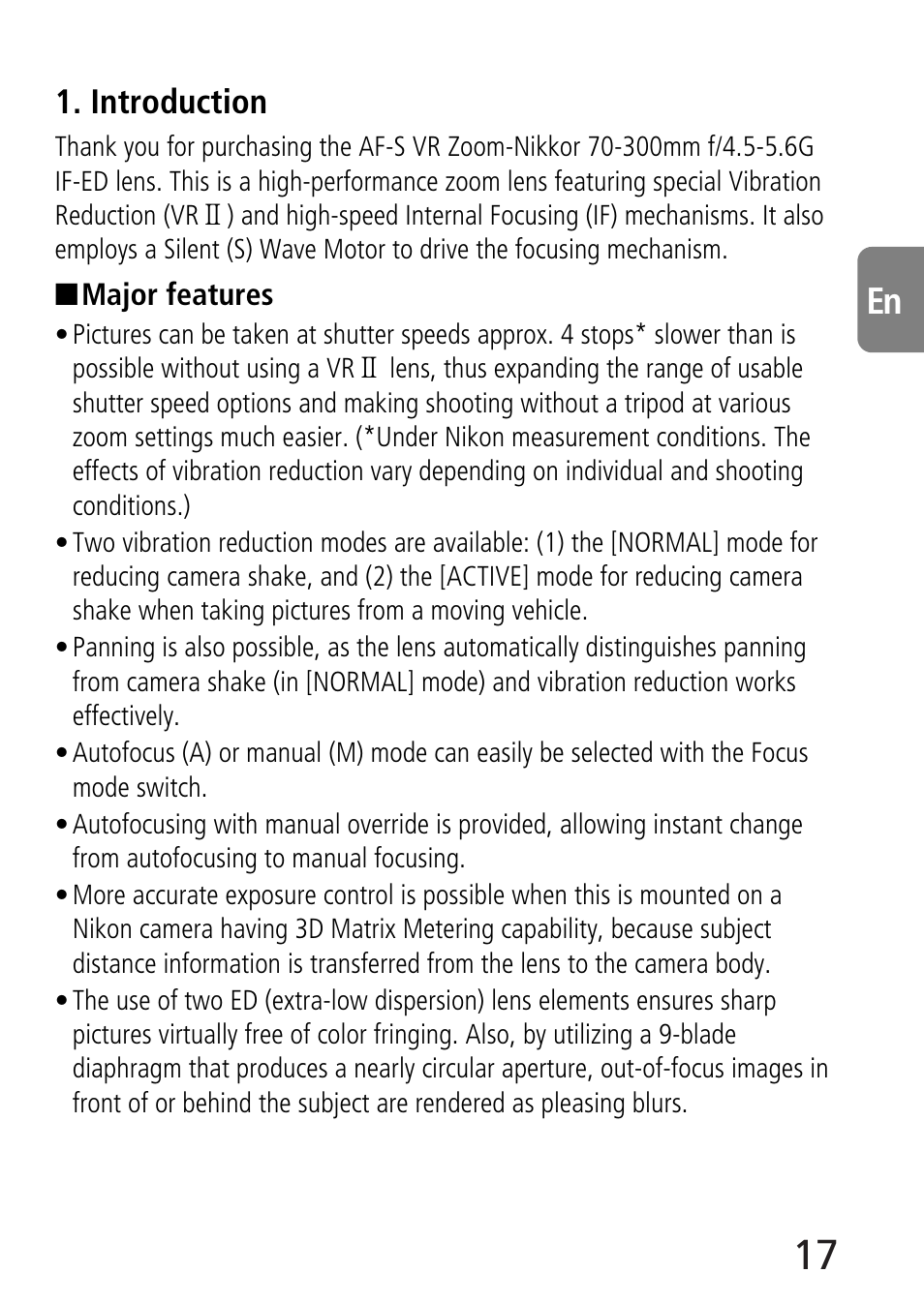 Introduction | Nikon 70-300mm-f-45-56G-ED-IF-AF-S-VR-Zoom User Manual | Page 17 / 108