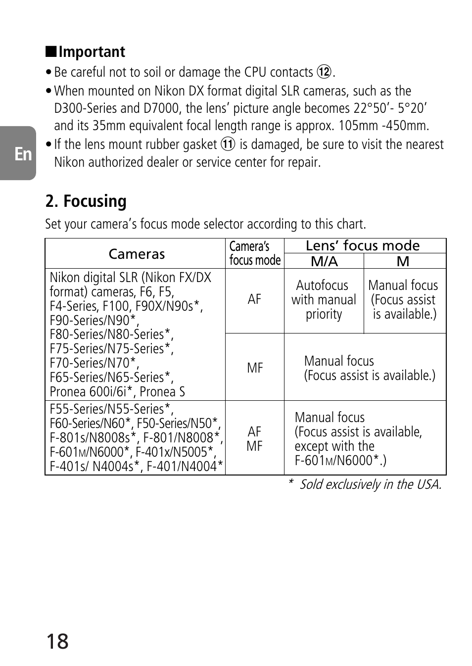 Focusing | Nikon 70-300mm-f-45-56G-ED-IF-AF-S-VR-Zoom User Manual | Page 18 / 108