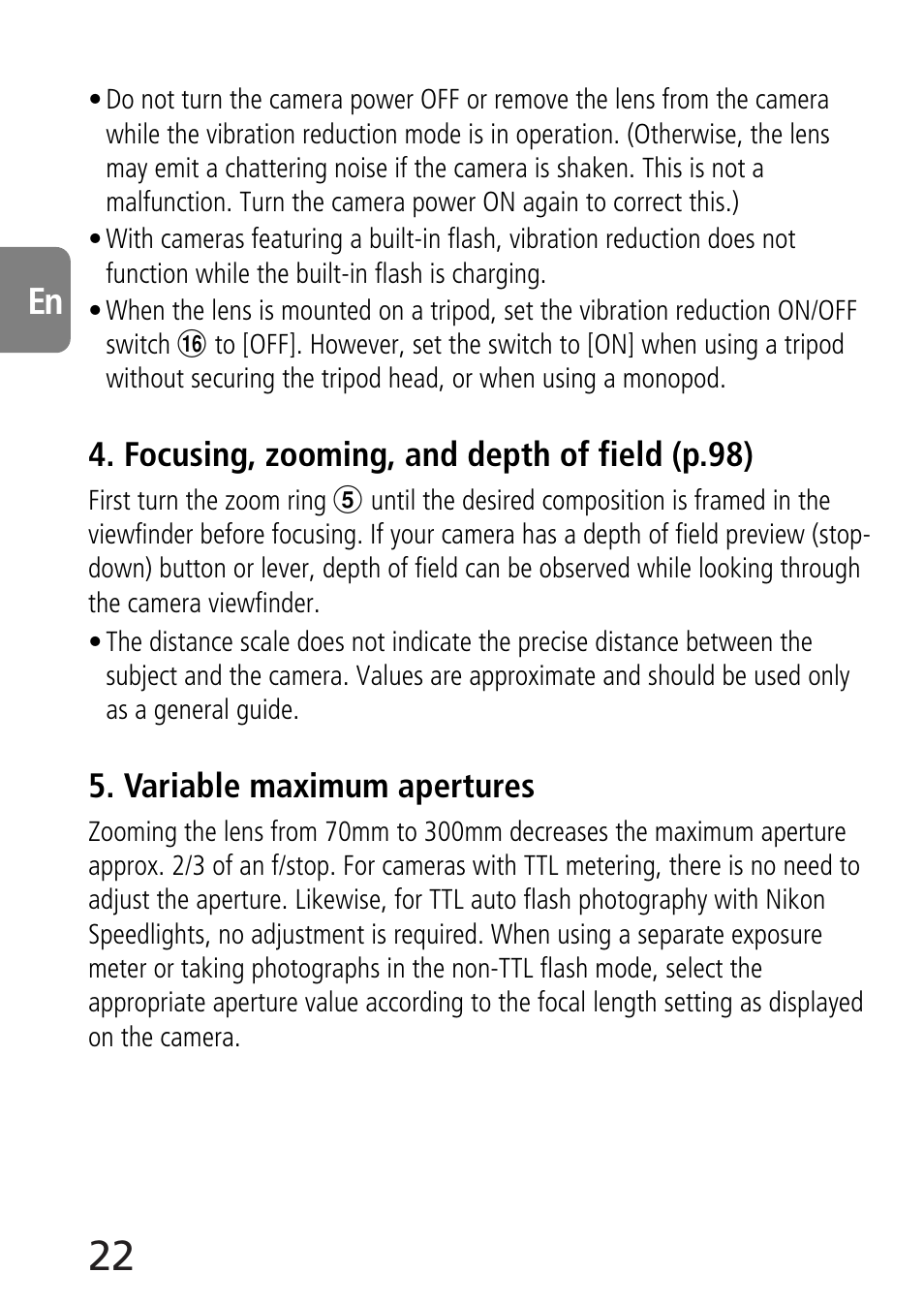 Focusing, zooming, and depth of field (p.98), Variable maximum apertures | Nikon 70-300mm-f-45-56G-ED-IF-AF-S-VR-Zoom User Manual | Page 22 / 108