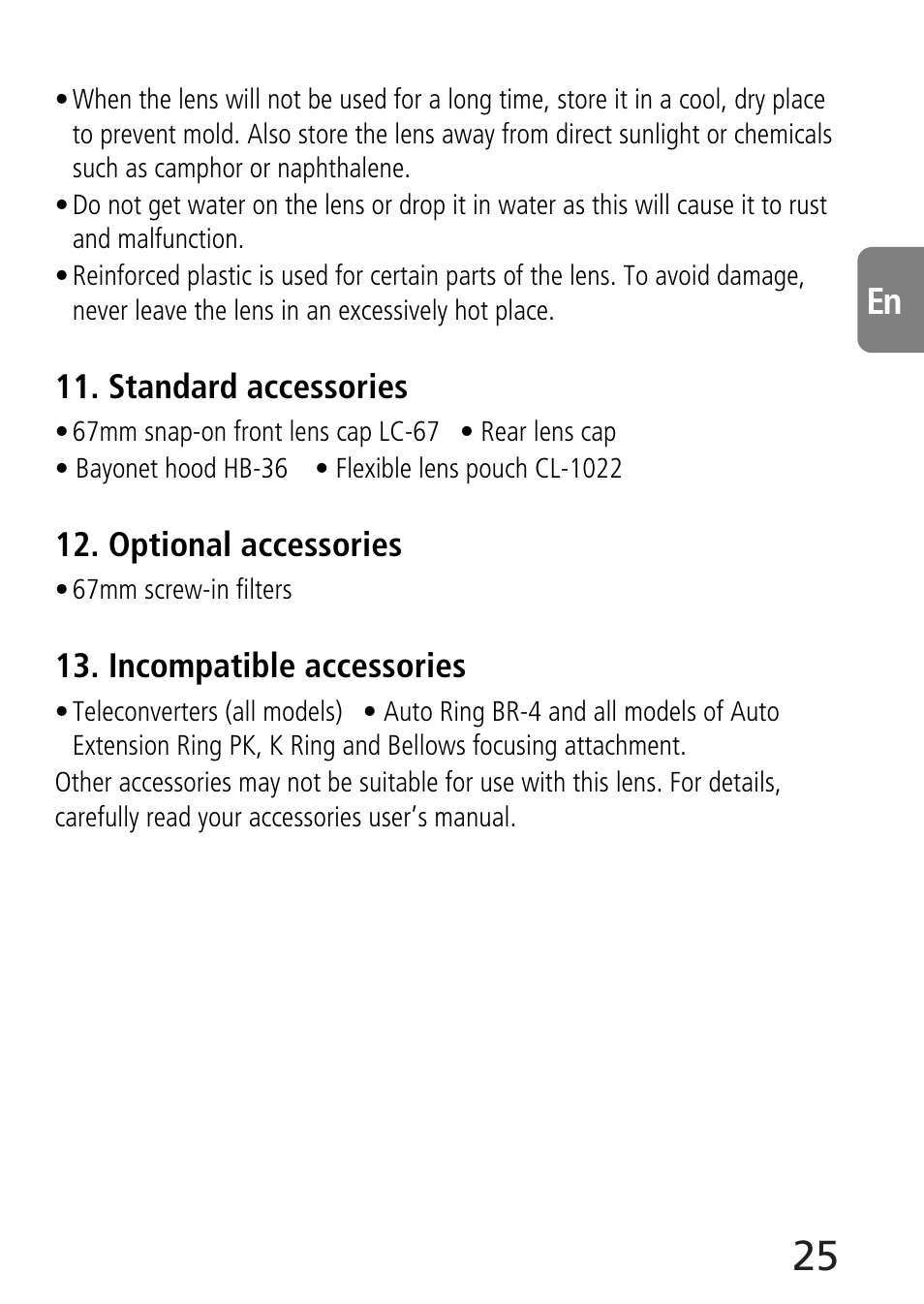 Standard accessories, Optional accessories, Incompatible accessories | Nikon 70-300mm-f-45-56G-ED-IF-AF-S-VR-Zoom User Manual | Page 25 / 108