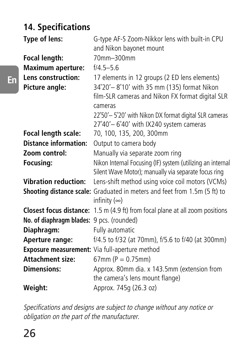Specifications | Nikon 70-300mm-f-45-56G-ED-IF-AF-S-VR-Zoom User Manual | Page 26 / 108