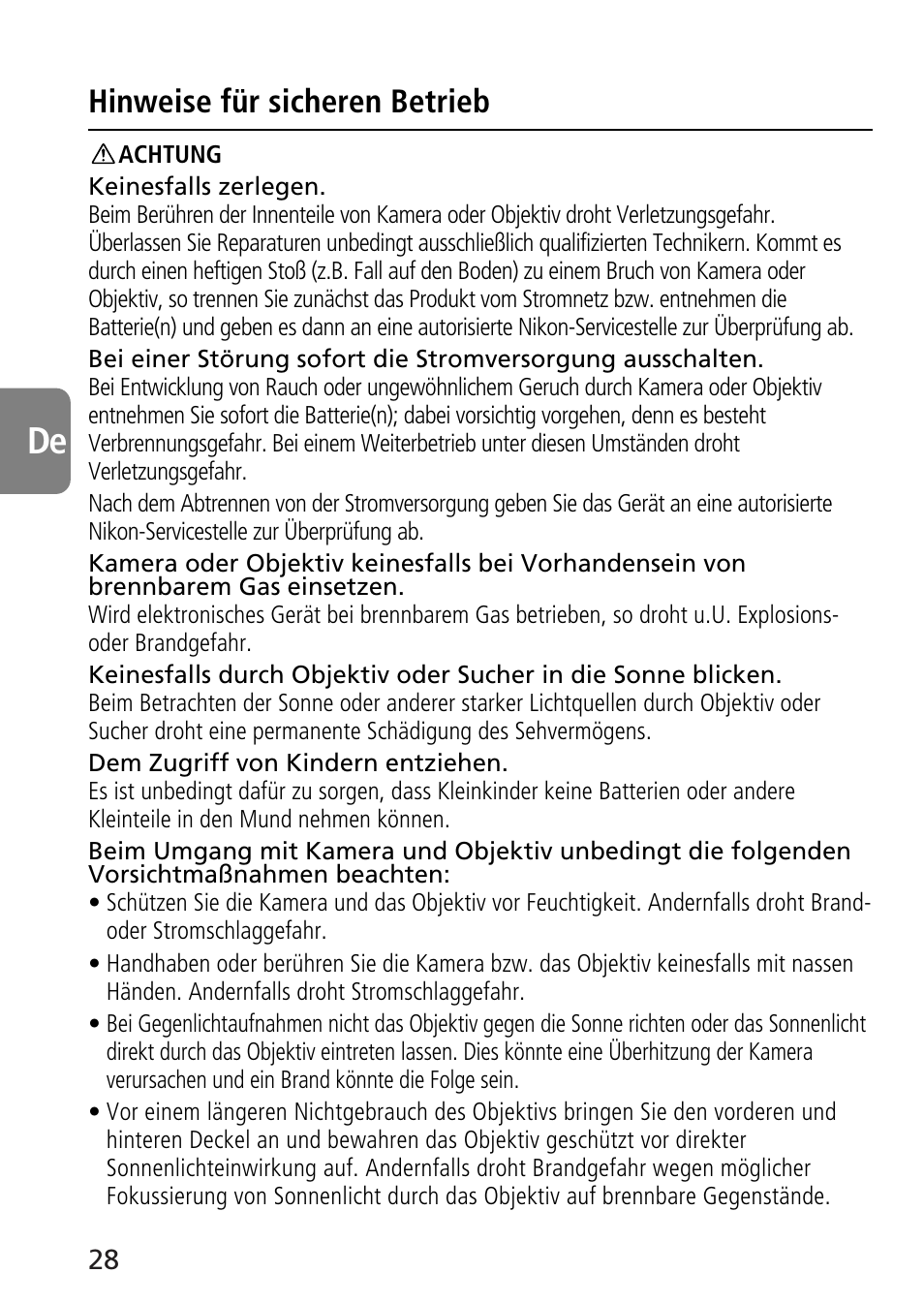 Hinweise für sicheren betrieb | Nikon 70-300mm-f-45-56G-ED-IF-AF-S-VR-Zoom User Manual | Page 28 / 108