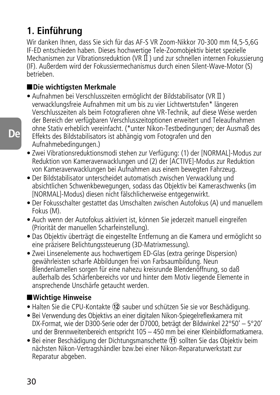 Einführung | Nikon 70-300mm-f-45-56G-ED-IF-AF-S-VR-Zoom User Manual | Page 30 / 108