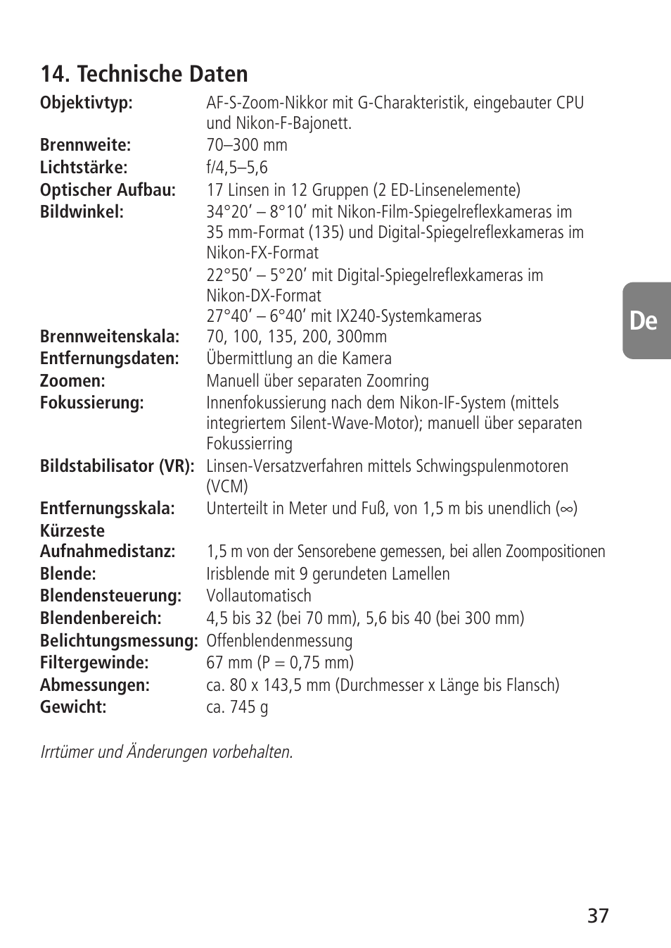 Technische daten | Nikon 70-300mm-f-45-56G-ED-IF-AF-S-VR-Zoom User Manual | Page 37 / 108