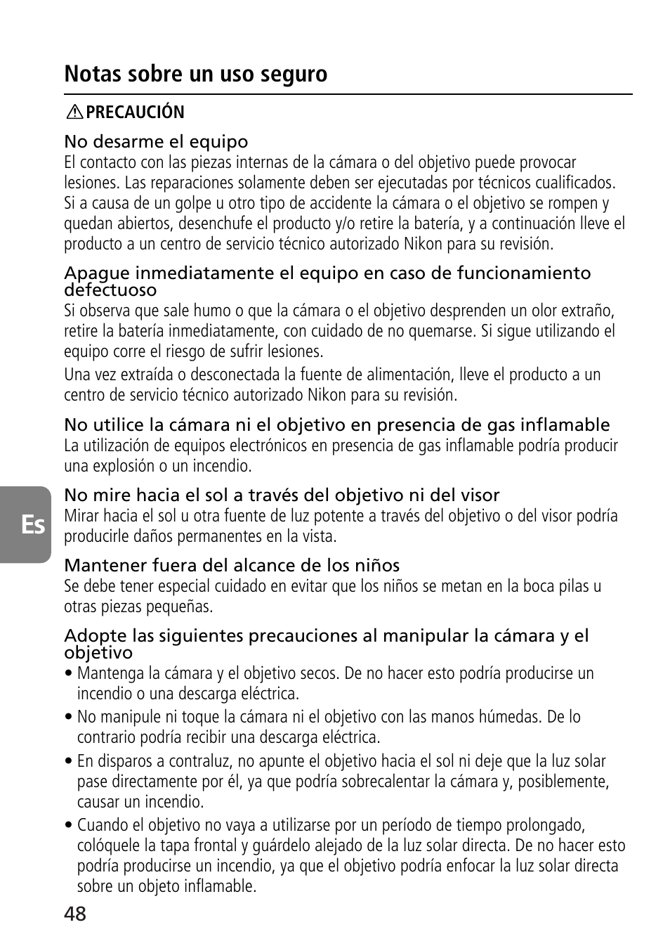 Notas sobre un uso seguro | Nikon 70-300mm-f-45-56G-ED-IF-AF-S-VR-Zoom User Manual | Page 48 / 108