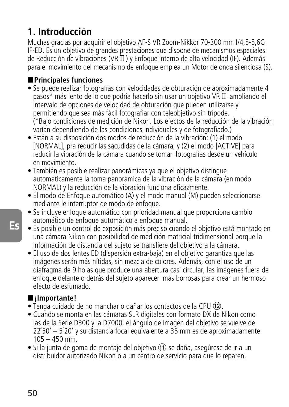 Introducción | Nikon 70-300mm-f-45-56G-ED-IF-AF-S-VR-Zoom User Manual | Page 50 / 108