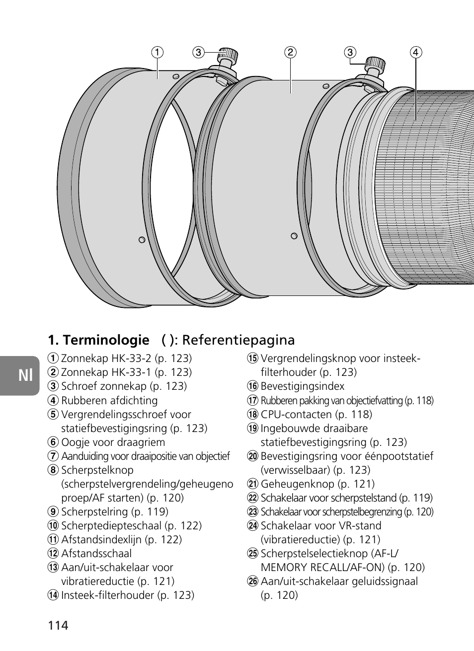 Terminologie ( ): referentiepagina | Nikon 400mm-f28G-ED-AF-S-VR-Nikkor User Manual | Page 114 / 196
