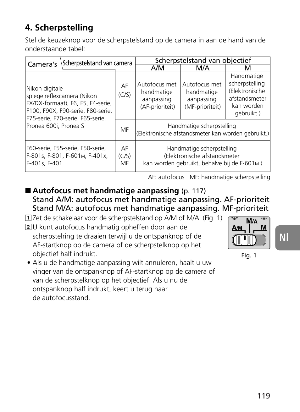 Scherpstelling, Autofocus met handmatige aanpassing | Nikon 400mm-f28G-ED-AF-S-VR-Nikkor User Manual | Page 119 / 196