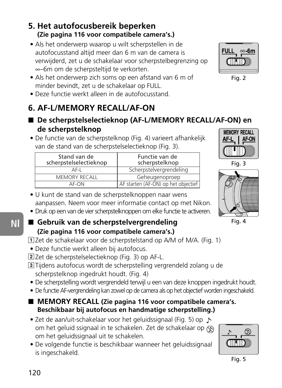 Het autofocusbereik beperken | Nikon 400mm-f28G-ED-AF-S-VR-Nikkor User Manual | Page 120 / 196