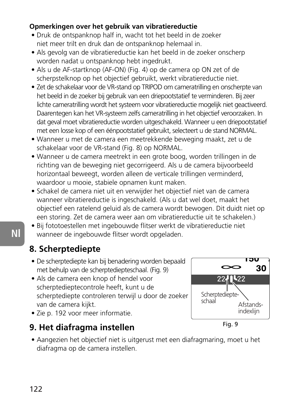 Scherptediepte, Het diafragma instellen | Nikon 400mm-f28G-ED-AF-S-VR-Nikkor User Manual | Page 122 / 196