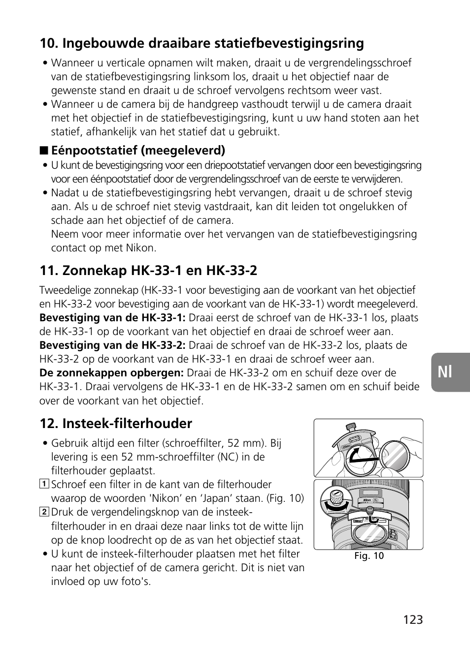 Ingebouwde draaibare statiefbevestigingsring, Insteek-filterhouder | Nikon 400mm-f28G-ED-AF-S-VR-Nikkor User Manual | Page 123 / 196
