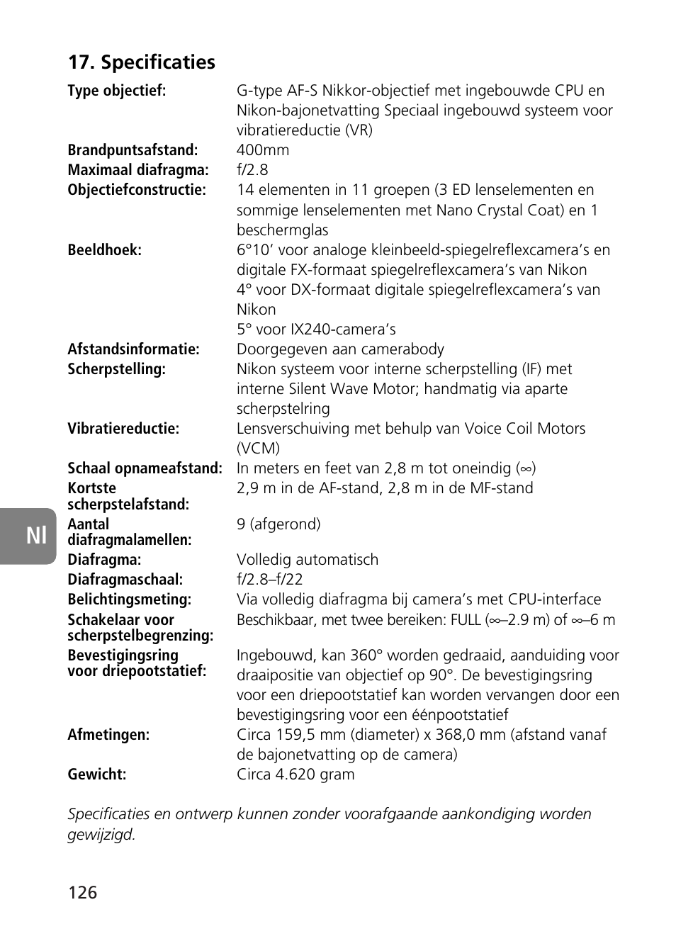Specificaties | Nikon 400mm-f28G-ED-AF-S-VR-Nikkor User Manual | Page 126 / 196
