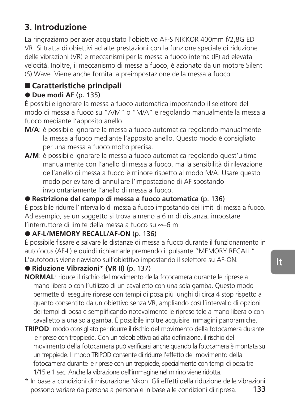 Introduzione | Nikon 400mm-f28G-ED-AF-S-VR-Nikkor User Manual | Page 133 / 196