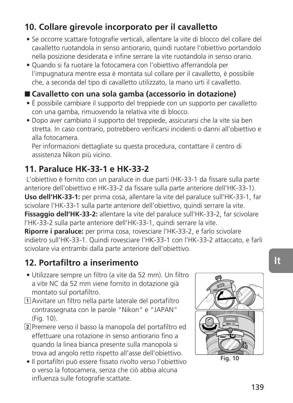 Collare girevole incorporato per il cavalletto, Portafiltro a inserimento | Nikon 400mm-f28G-ED-AF-S-VR-Nikkor User Manual | Page 139 / 196