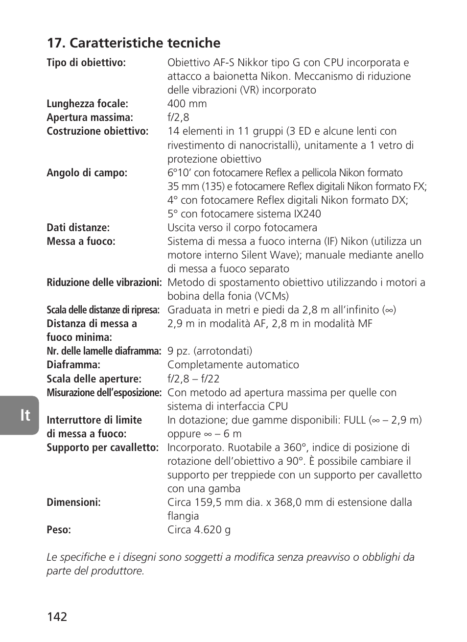 Caratteristiche tecniche | Nikon 400mm-f28G-ED-AF-S-VR-Nikkor User Manual | Page 142 / 196