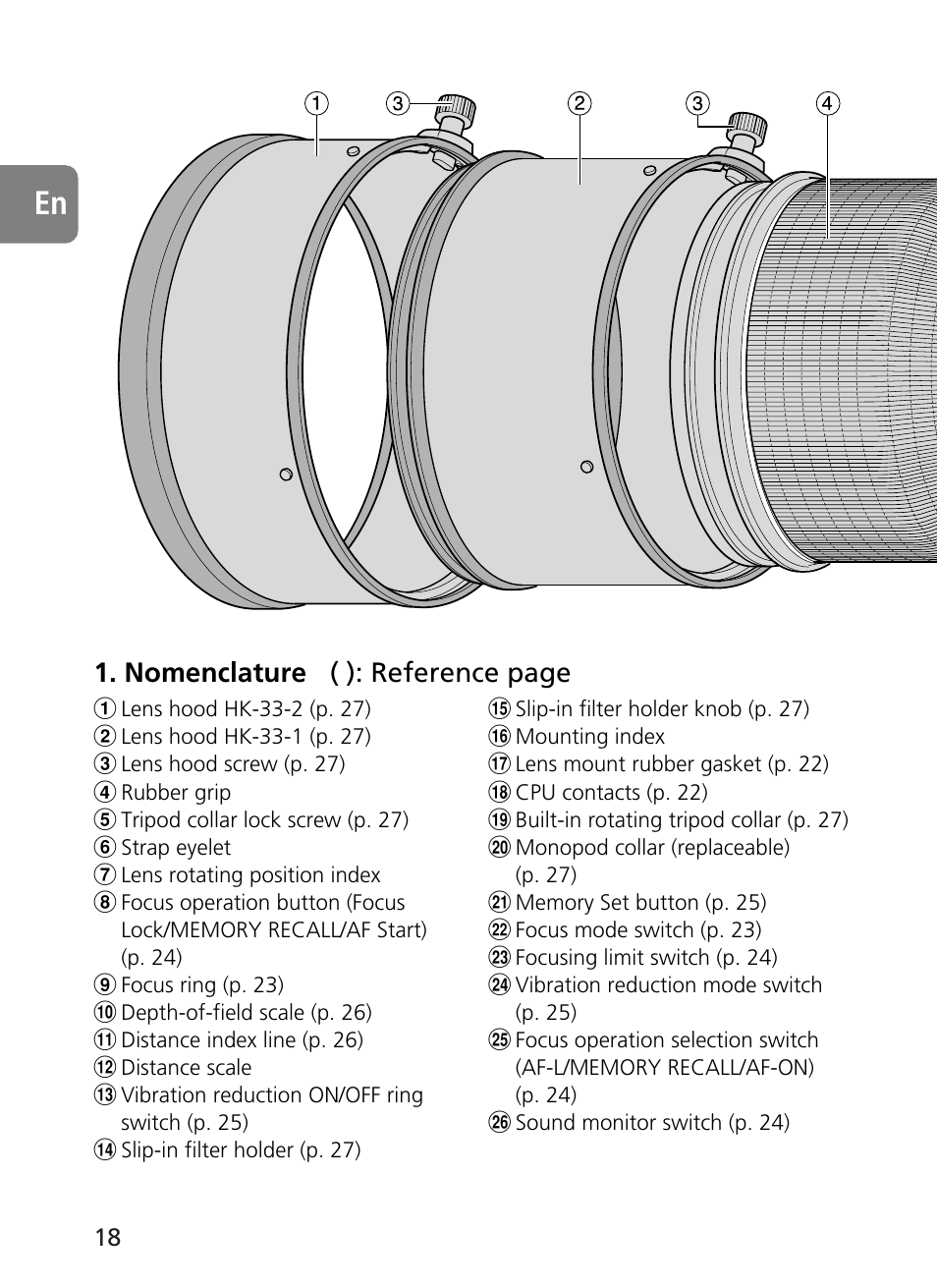 Nomenclature ( ): reference page | Nikon 400mm-f28G-ED-AF-S-VR-Nikkor User Manual | Page 18 / 196