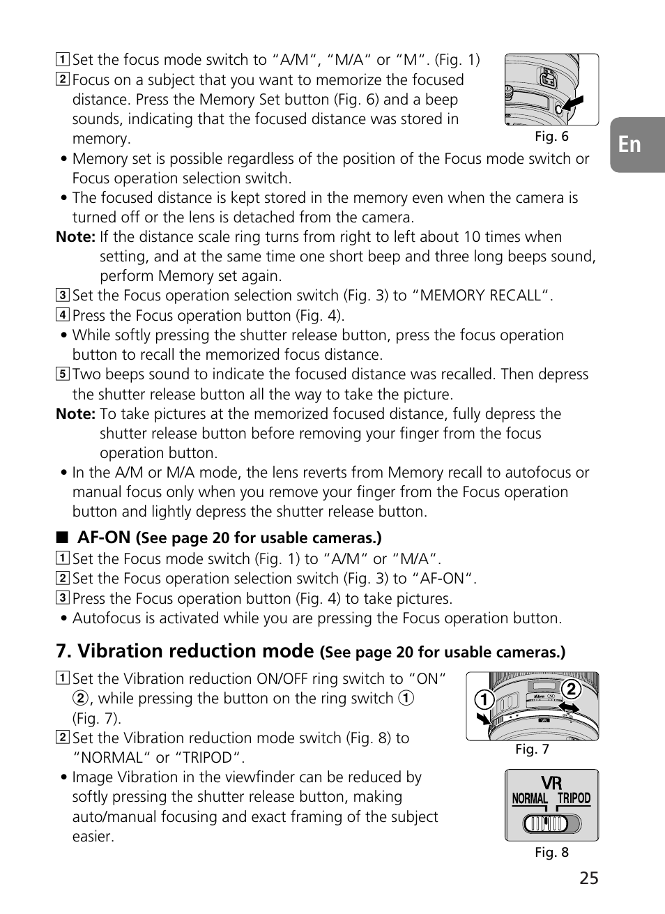 Vibration reduction mode | Nikon 400mm-f28G-ED-AF-S-VR-Nikkor User Manual | Page 25 / 196