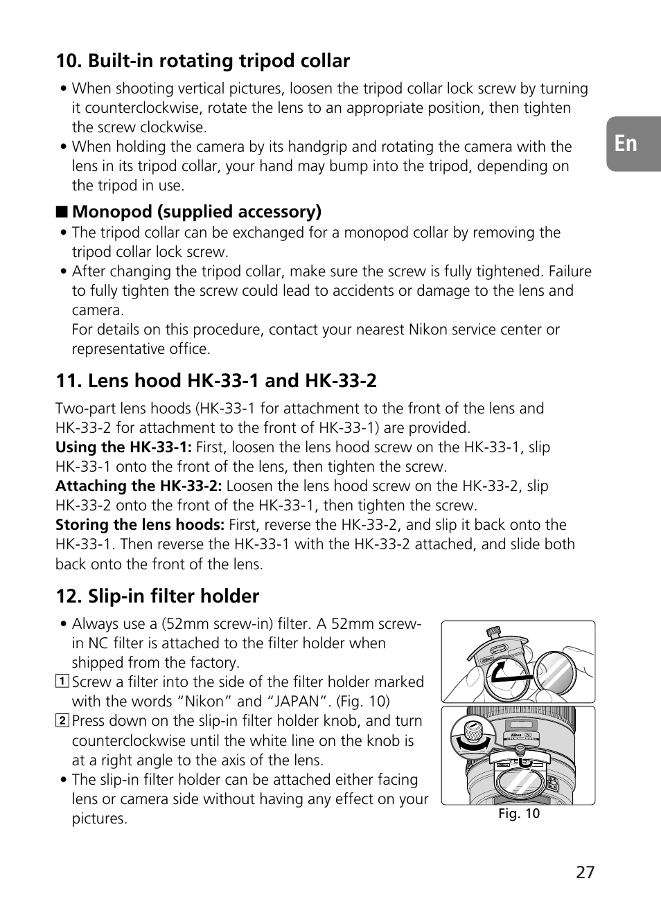 Built-in rotating tripod collar, Slip-in filter holder | Nikon 400mm-f28G-ED-AF-S-VR-Nikkor User Manual | Page 27 / 196